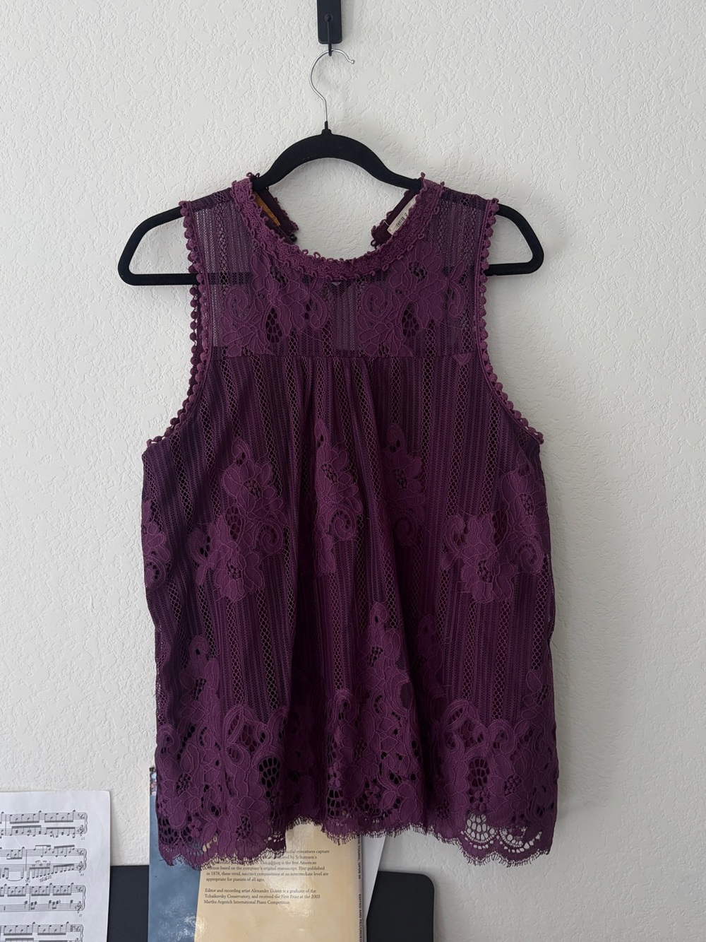 Plum Purple Lace Babydoll Tank Top Sheer Floral Crochet Trim Boho Romantic  L
